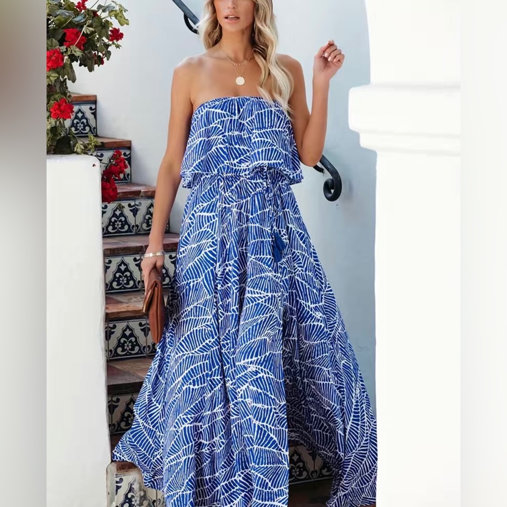 Blue & White Print Strapless Flowy Maxi Dress Sz L Large